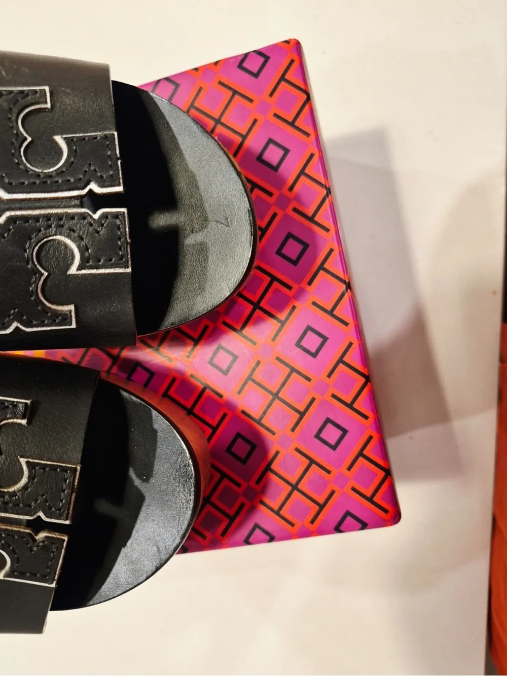 Tory Burch Black Leather Wood-Effect Wedge Slide Sandals - Women size 6